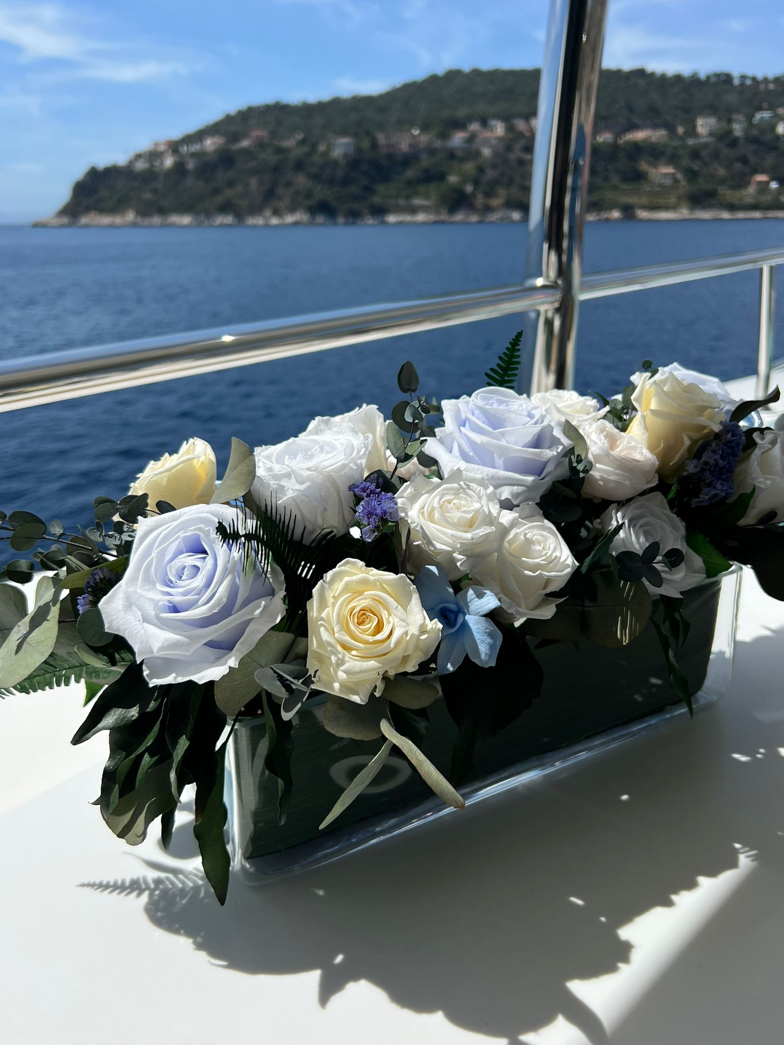 Preserved flower arrangement for MY SOSA. White and Blue roses